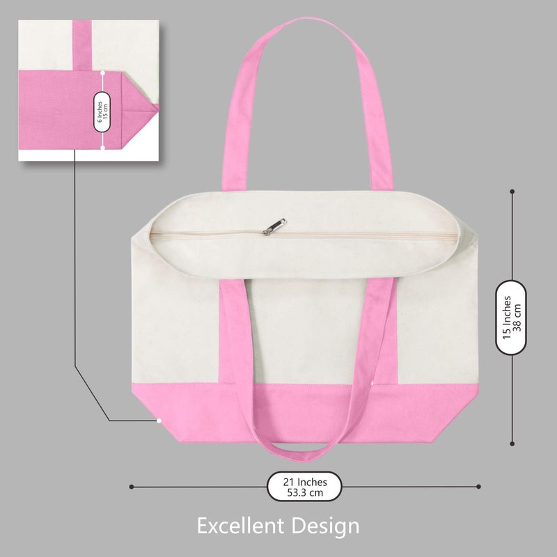 TOPDesign 1-Pack Canvas Tote Bag with an External Pocket, Reusable Grocery Shopping Bag, Top Zipper Closure, Daily Essentials (Pink/Natural) - Image 5
